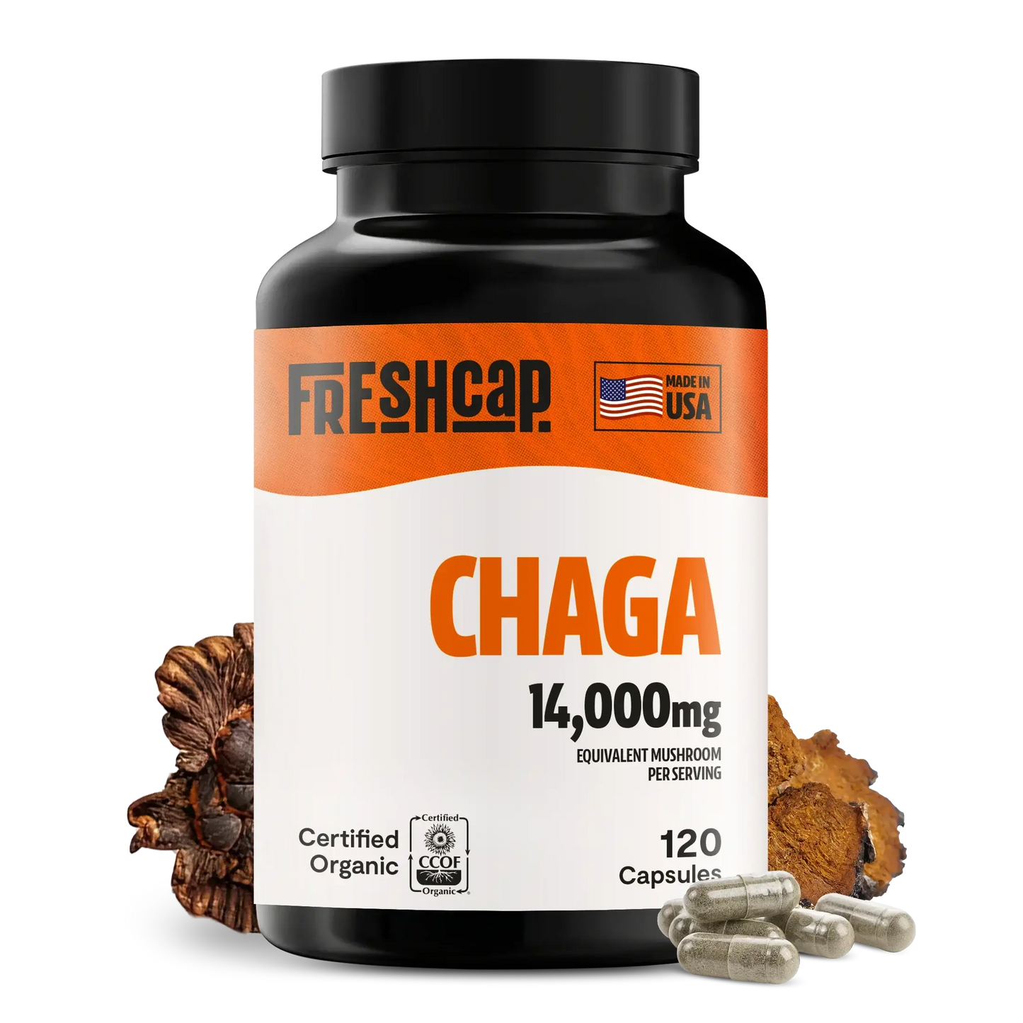 Premium Chaga mushrooms capsules for immune and antioxidant support. Dual-extracted for maximum potency, delivering 14,000mg raw mushroom power for comprehensive wellness.