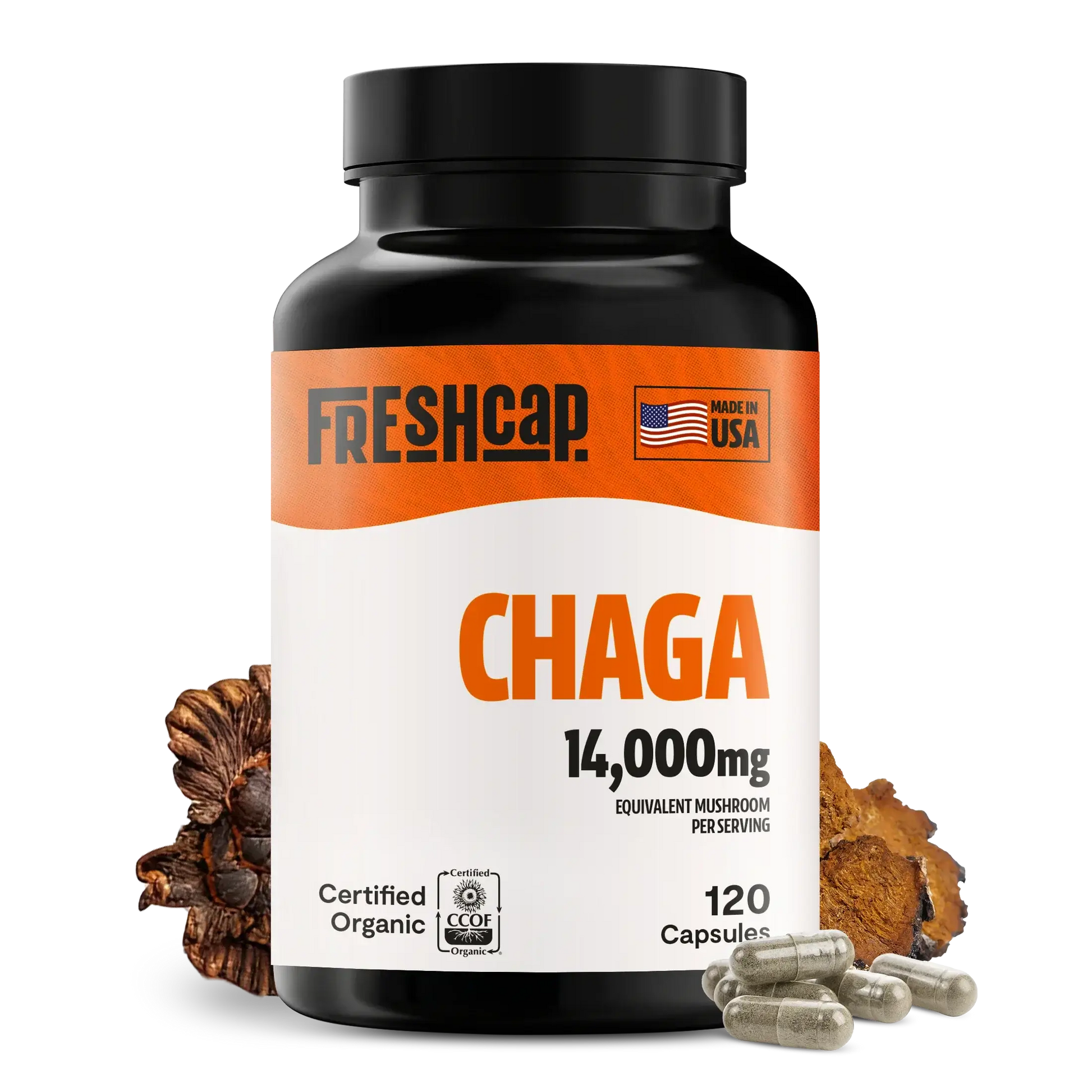 Premium Chaga mushrooms capsules for immune and antioxidant support. Dual-extracted for maximum potency, delivering 14,000mg raw mushroom power for comprehensive wellness.