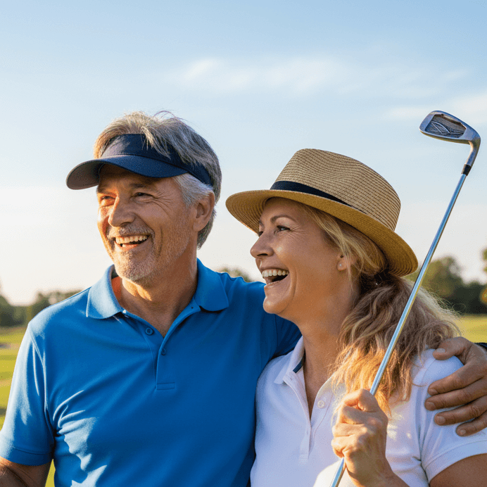Close up of Middle aged couple playing golf 