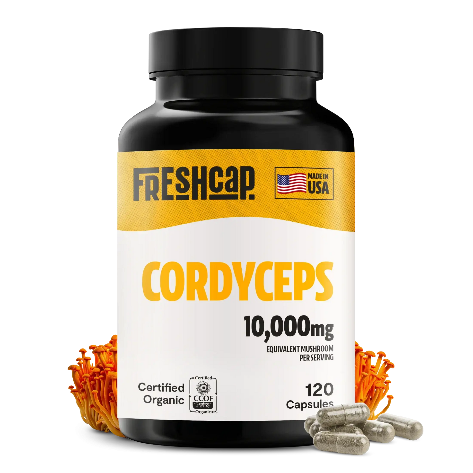 Premium Cordyceps mushroom capsules for natural energy and stamina. Water-extracted for maximum potency, delivering 10,000mg raw mushroom power to fuel your active lifestyle.