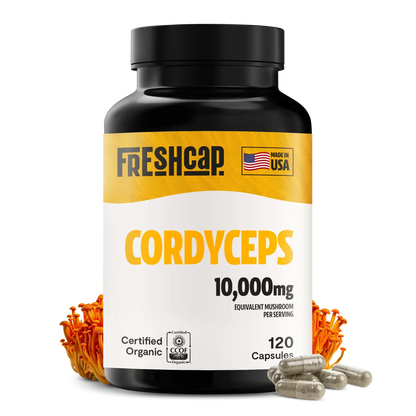 Premium Cordyceps mushroom capsules for natural energy and stamina. Water-extracted for maximum potency, delivering 10,000mg raw mushroom power to fuel your active lifestyle.