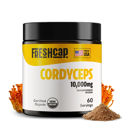 Premium Cordyceps mushroom powder for natural energy and athletic performance. Water-extracted for maximum potency, delivering 10,000mg raw mushroom power in versatile powder form.