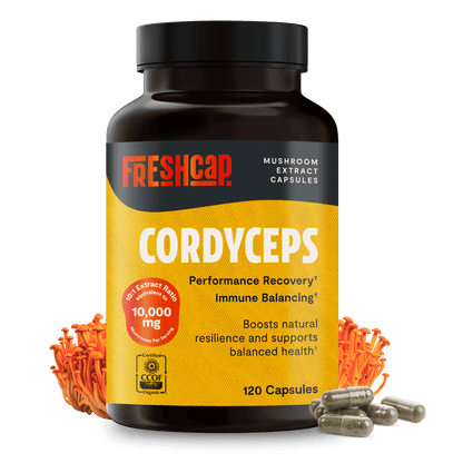 Premium Cordyceps mushroom capsules for natural energy and stamina. Water-extracted for maximum potency, delivering 10,000mg raw mushroom power to fuel your active lifestyle.