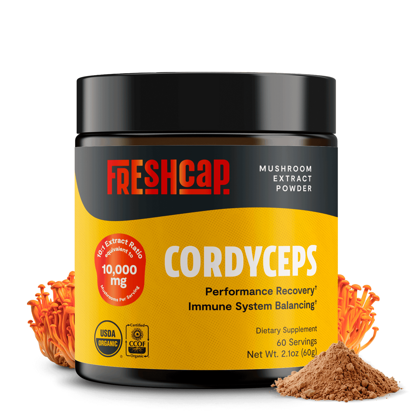 Premium Cordyceps mushroom powder for natural energy and athletic performance. Water-extracted for maximum potency, delivering 10,000mg raw mushroom power in versatile powder form.