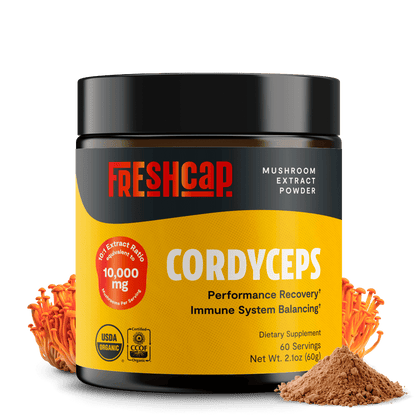 Premium Cordyceps mushroom powder for natural energy and athletic performance. Water-extracted for maximum potency, delivering 10,000mg raw mushroom power in versatile powder form.
