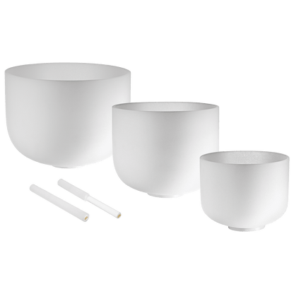 A perfect match of 3 Crystal Singing Bowls. Easily produce harmonious sounds and start delivering high-quality sound baths right away. Experience a unique resonance with this Pure Harmony Set. The hand-selected notes F4, D4, and C4 in 432 Hz Tuning delive