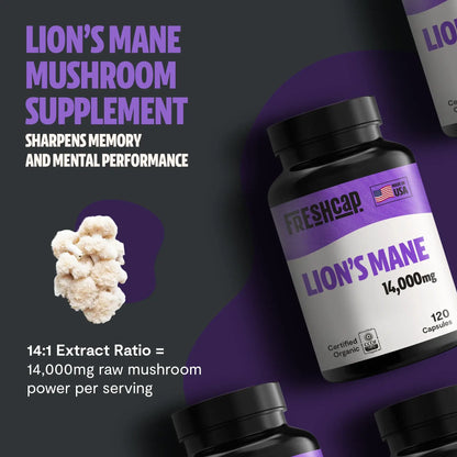Premium Lion's Mane mushroom supplement for mental clarity and cognitive function. Triple-extracted for maximum potency, delivering 14,000mg raw mushroom power in convenient capsules.