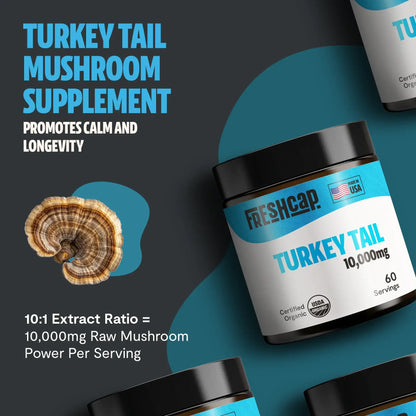 Premium Turkey Tail mushroom powder for immune and digestive support. Hot water extracted for maximum potency, delivering 10,000mg raw mushroom power in versatile powder form.