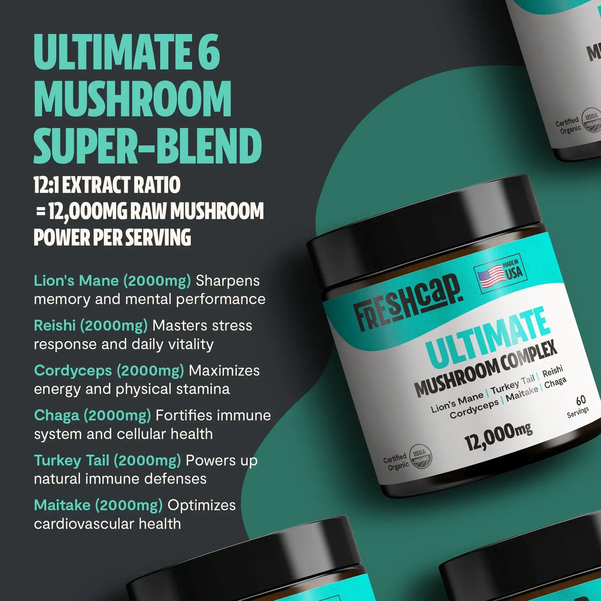 Premium mushroom blend featuring six powerful extracts for complete wellness. Our mushroom complex delivers 12,000mg raw mushroom power in versatile powder form.