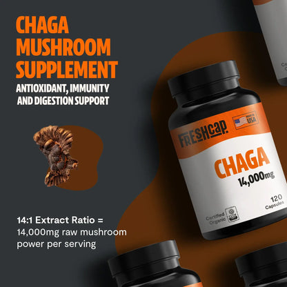 Premium Chaga mushrooms capsules for immune and antioxidant support. Dual-extracted for maximum potency, delivering 14,000mg raw mushroom power for comprehensive wellness.