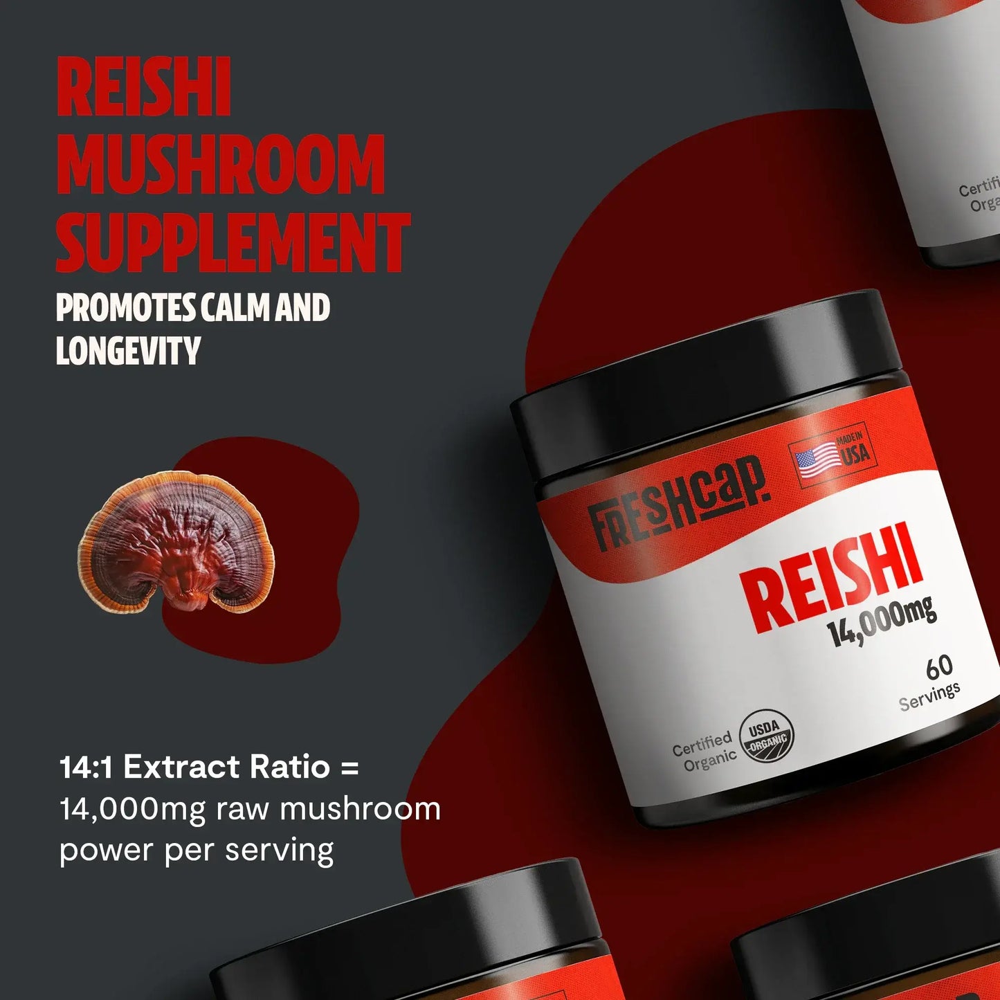 Premium Reishi mushroom powder for relaxation and balanced wellness. Dual-extracted for maximum potency, delivering 14,000mg raw mushroom power in versatile powder form.