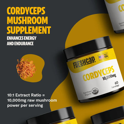 Premium Cordyceps mushroom powder for natural energy and athletic performance. Water-extracted for maximum potency, delivering 10,000mg raw mushroom power in versatile powder form.
