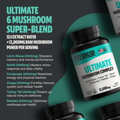 Premium blend of six powerful mushrooms for complete wellness. Quadruple-extracted mushroom supplement for maximum potency, delivering 12,000mg power for immunity, focus, and vitality.