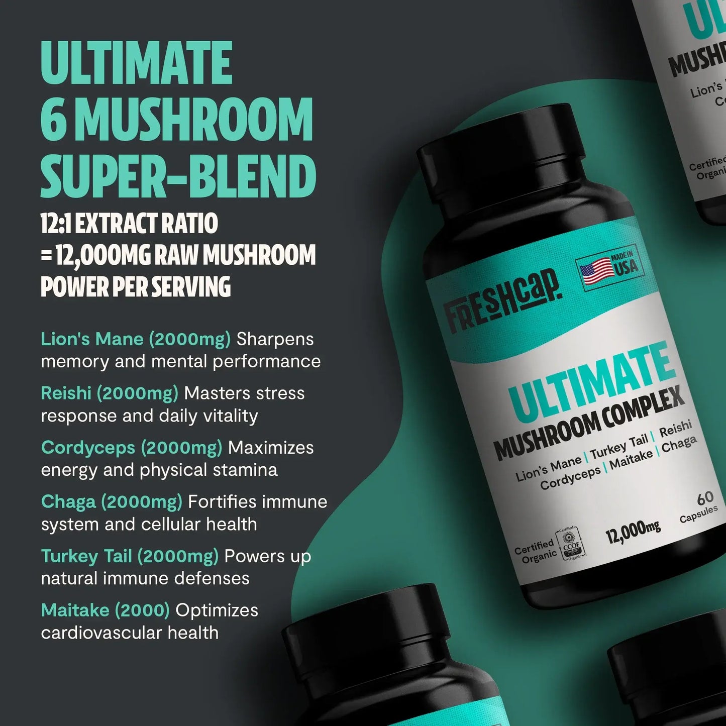 Premium blend of six powerful mushrooms for complete wellness. Quadruple-extracted mushroom supplement for maximum potency, delivering 12,000mg power for immunity, focus, and vitality.