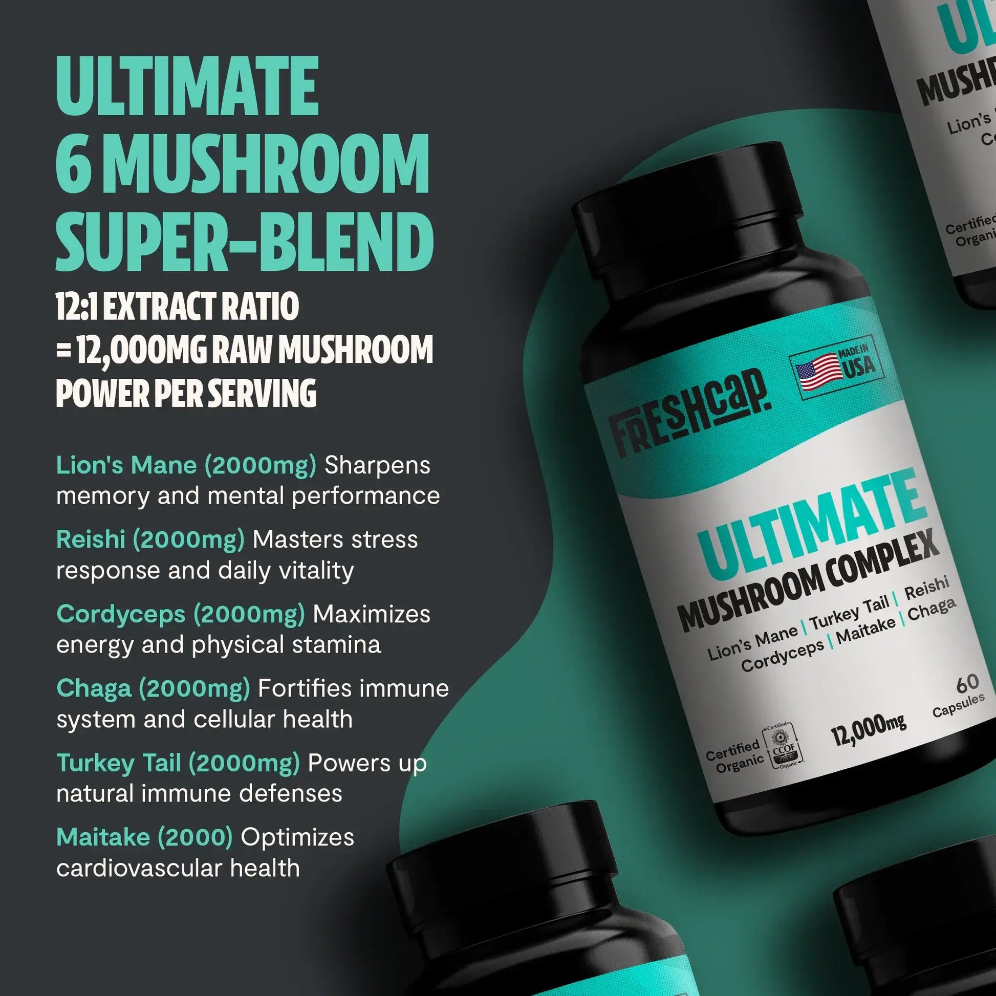 Premium blend of six powerful mushrooms for complete wellness. Quadruple-extracted mushroom supplement for maximum potency, delivering 12,000mg power for immunity, focus, and vitality.