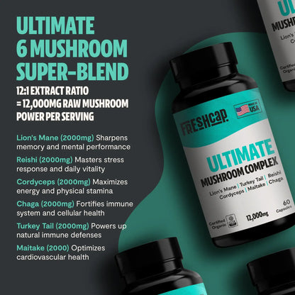 Premium blend of six powerful mushrooms for complete wellness. Quadruple-extracted mushroom supplement for maximum potency, delivering 12,000mg power for immunity, focus, and vitality.