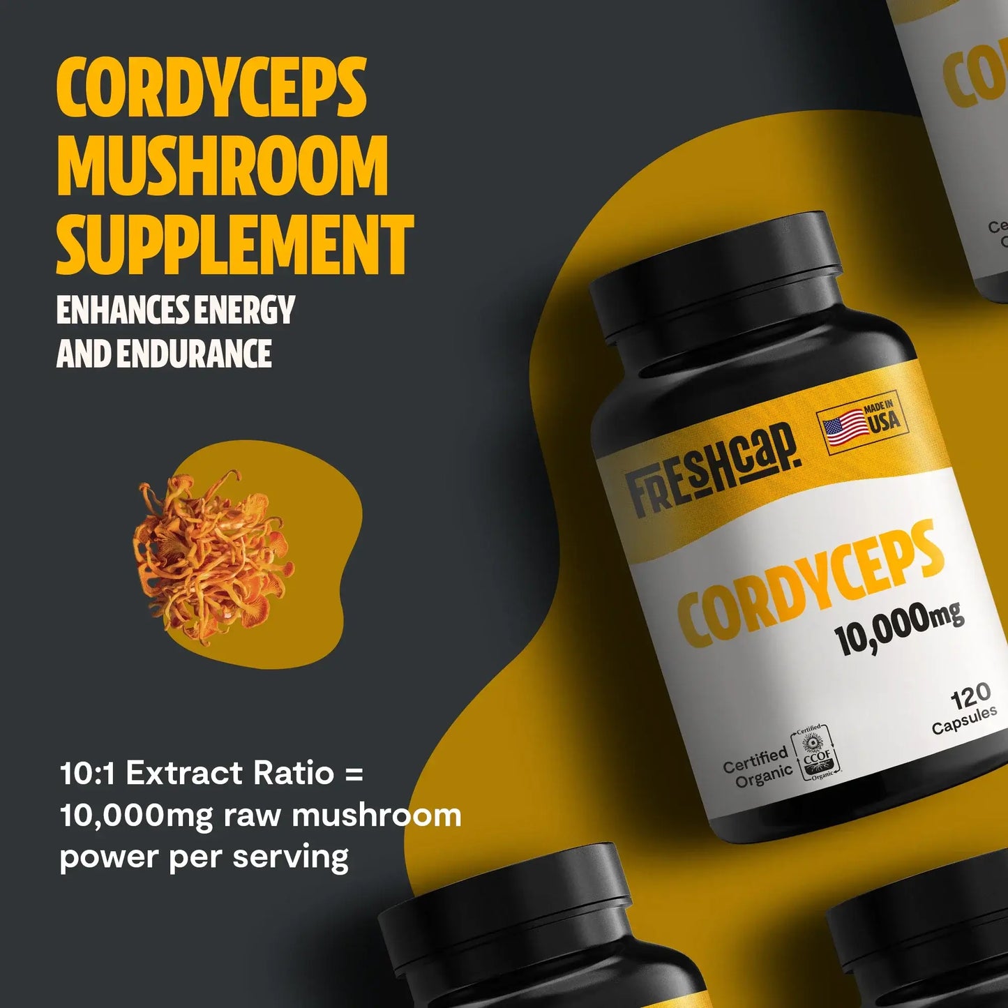 Premium Cordyceps mushroom capsules for natural energy and stamina. Water-extracted for maximum potency, delivering 10,000mg raw mushroom power to fuel your active lifestyle.