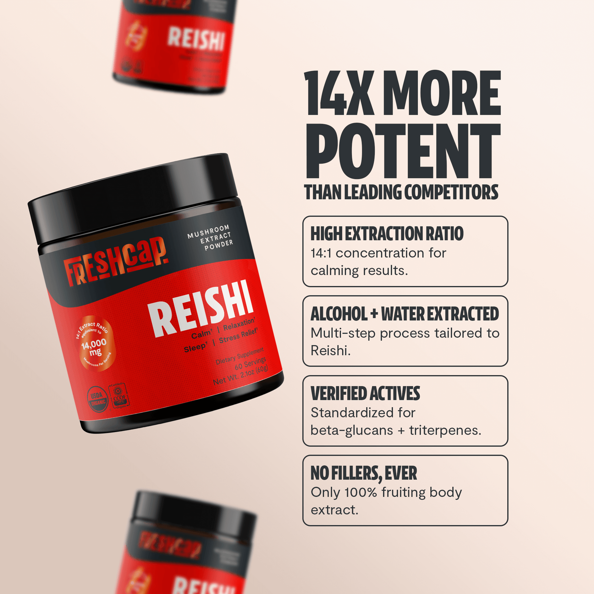 Premium Reishi mushroom powder for relaxation and balanced wellness. Dual-extracted for maximum potency, delivering 14,000mg raw mushroom power in versatile powder form.