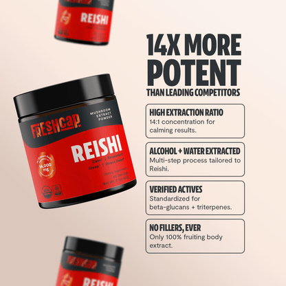Premium Reishi mushroom powder for relaxation and balanced wellness. Dual-extracted for maximum potency, delivering 14,000mg raw mushroom power in versatile powder form.