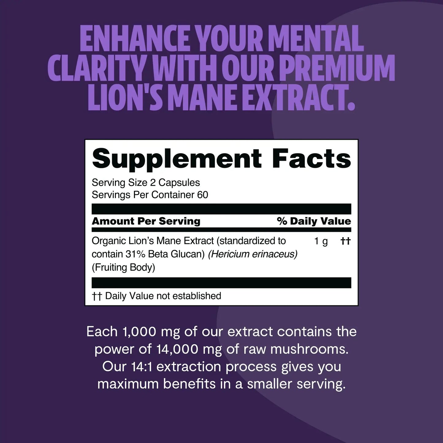 Premium Lion's Mane mushroom supplement for mental clarity and cognitive function. Triple-extracted for maximum potency, delivering 14,000mg raw mushroom power in convenient capsules.
