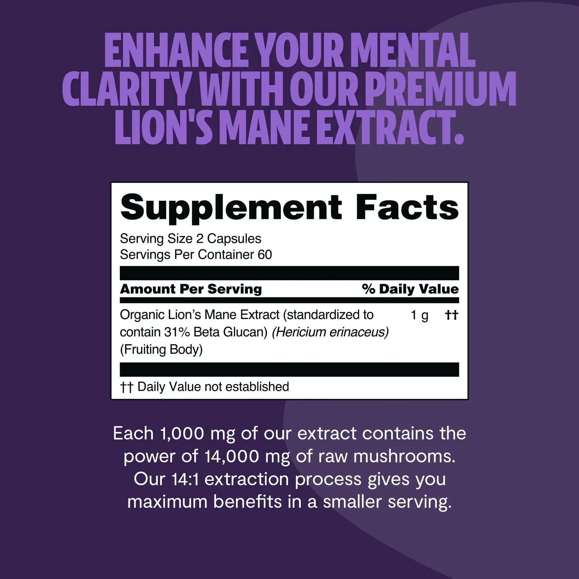 Premium Lion's Mane mushroom supplement for mental clarity and cognitive function. Triple-extracted for maximum potency, delivering 14,000mg raw mushroom power in convenient capsules.