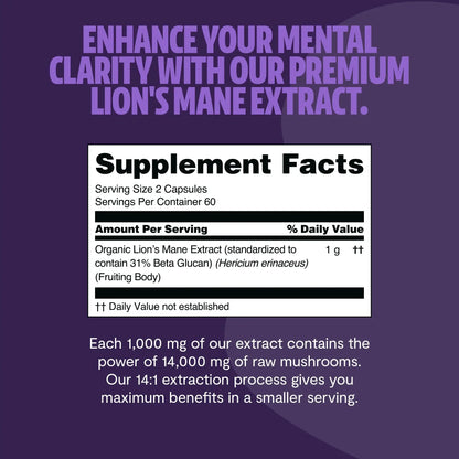 Premium Lion's Mane mushroom supplement for mental clarity and cognitive function. Triple-extracted for maximum potency, delivering 14,000mg raw mushroom power in convenient capsules.