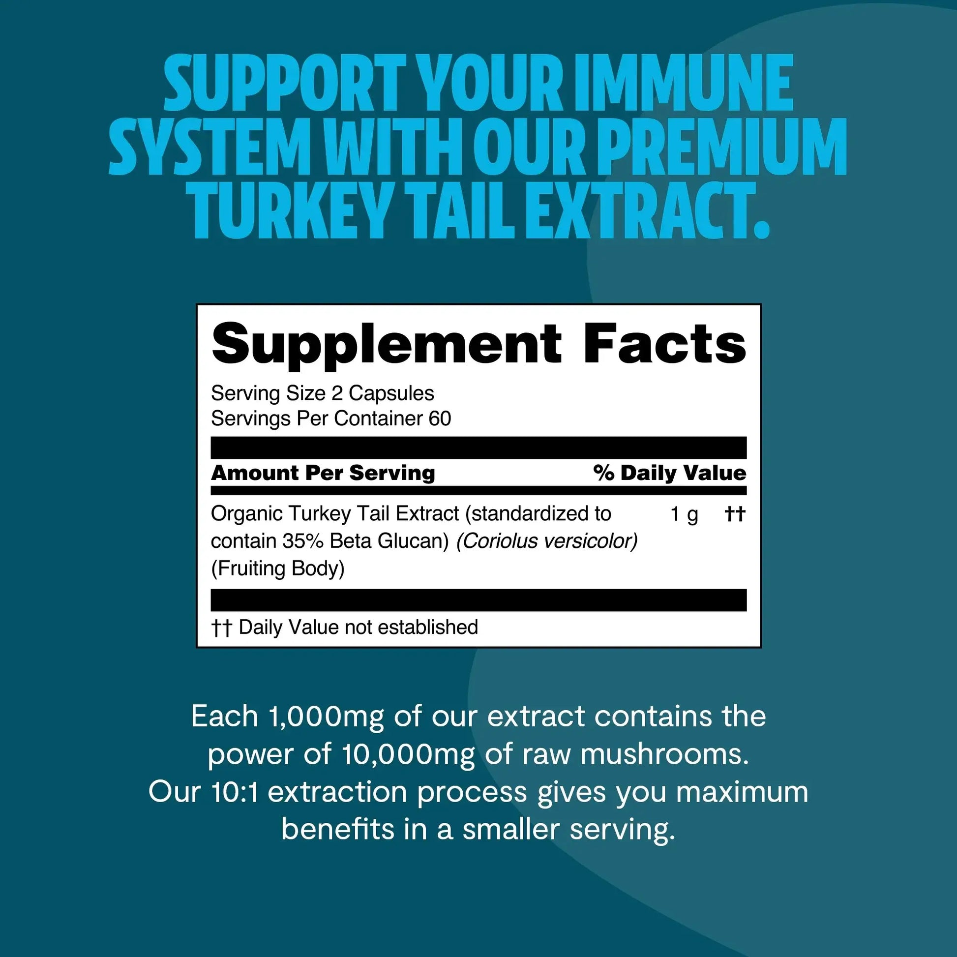 Premium turkey tail mushroom capsules for immune and digestive support. A powerful mushroom supplement extracted for maximum potency, delivering 10,000mg raw turkey tail per serving.