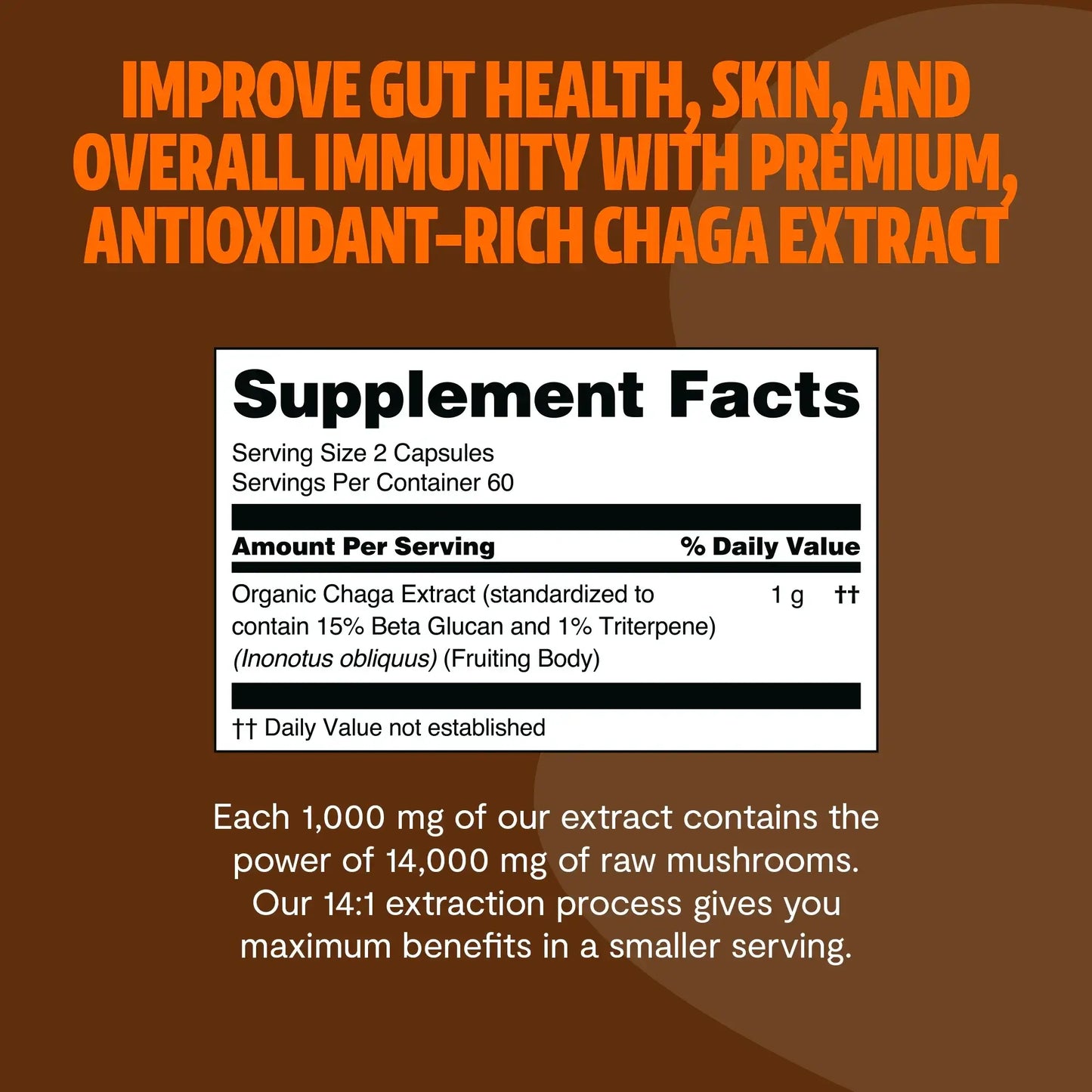 Premium Chaga mushrooms capsules for immune and antioxidant support. Dual-extracted for maximum potency, delivering 14,000mg raw mushroom power for comprehensive wellness.