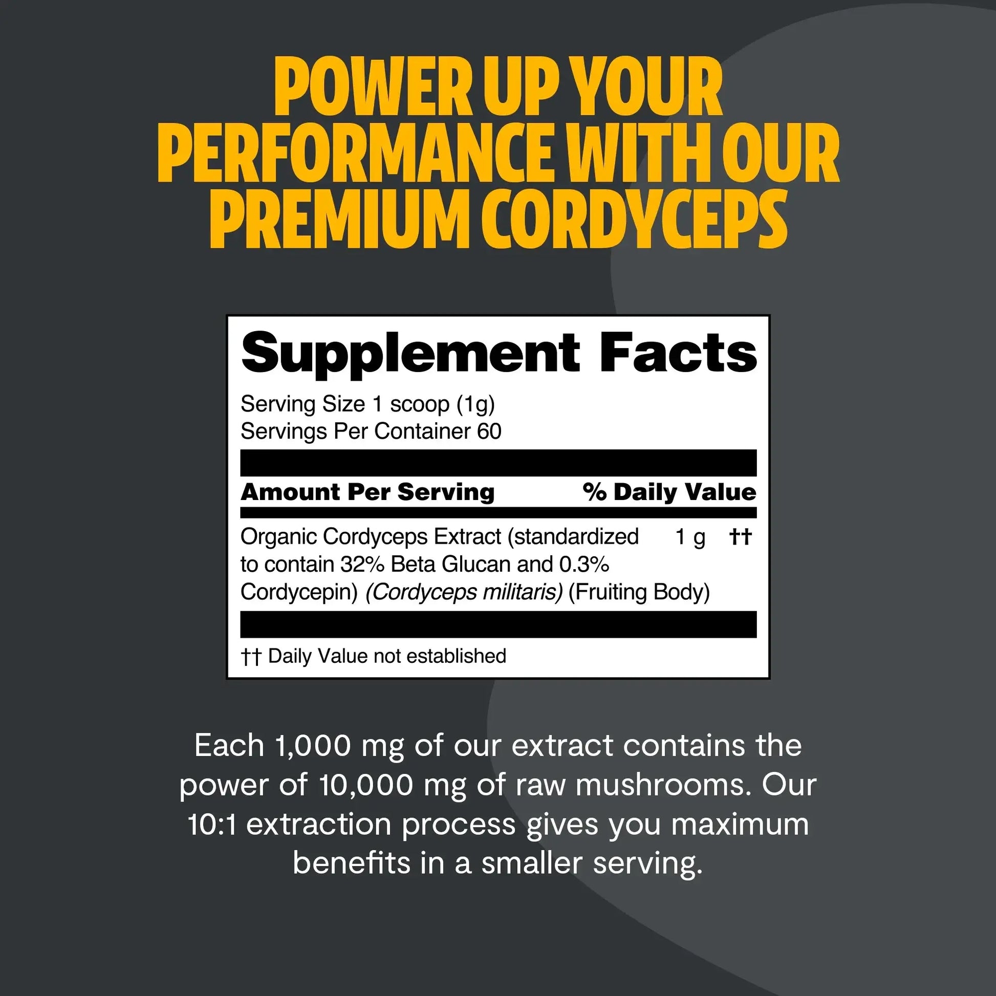 Premium Cordyceps mushroom powder for natural energy and athletic performance. Water-extracted for maximum potency, delivering 10,000mg raw mushroom power in versatile powder form.
