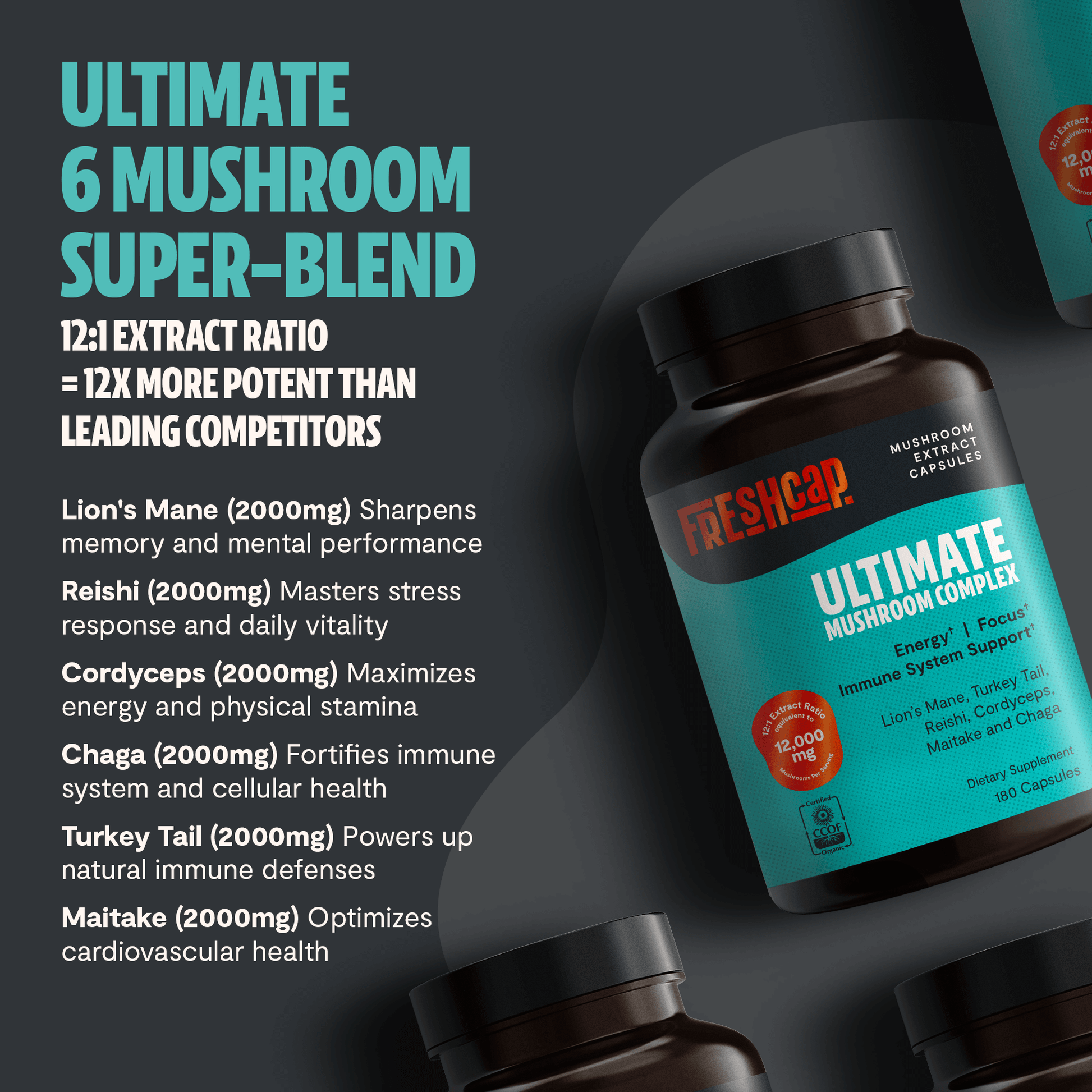 Premium blend of six powerful mushrooms for complete wellness. Quadruple-extracted mushroom supplement for maximum potency, delivering 12,000mg power for immunity, focus, and vitality.