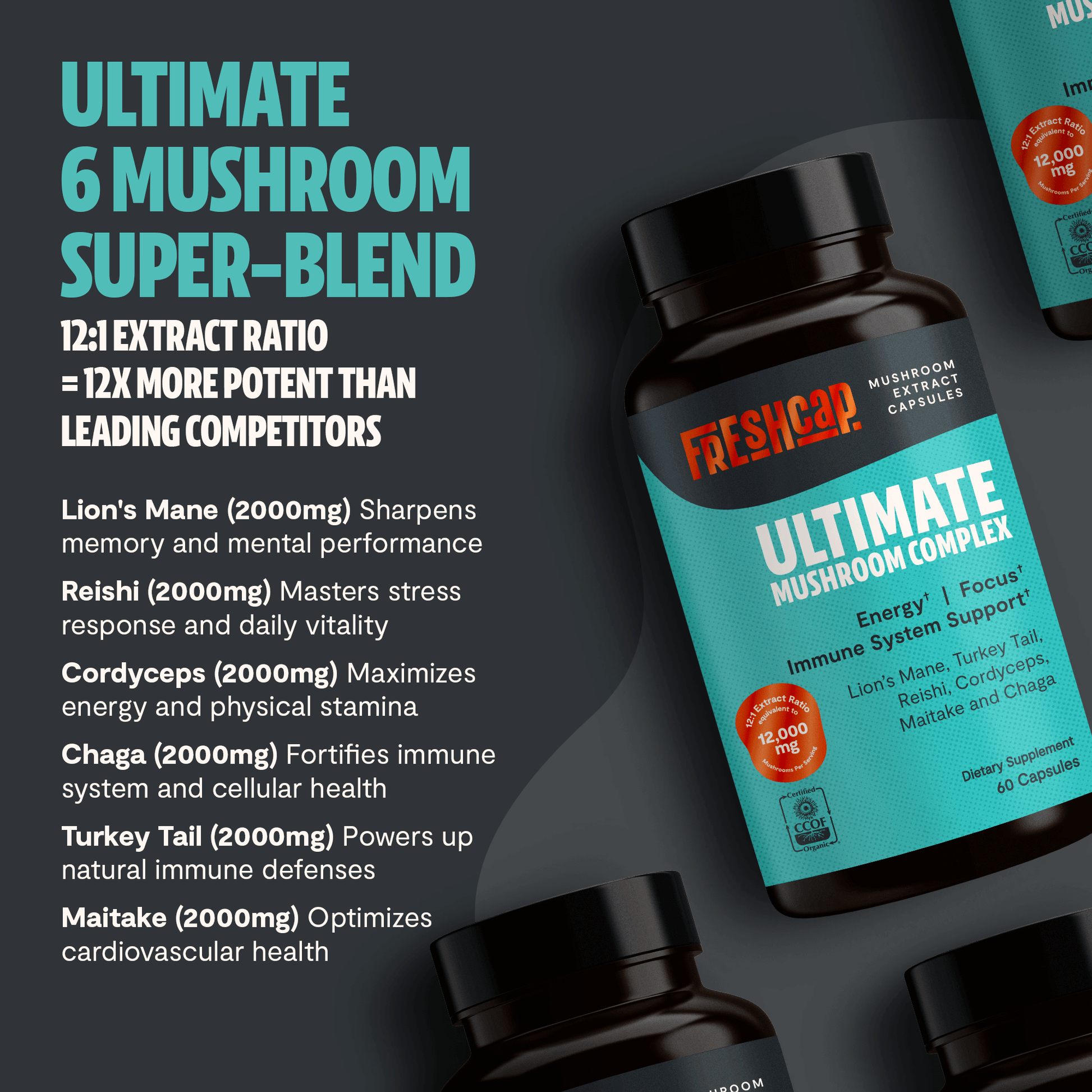 Premium blend of six powerful mushrooms for complete wellness. Quadruple-extracted mushroom supplement for maximum potency, delivering 12,000mg power for immunity, focus, and vitality.