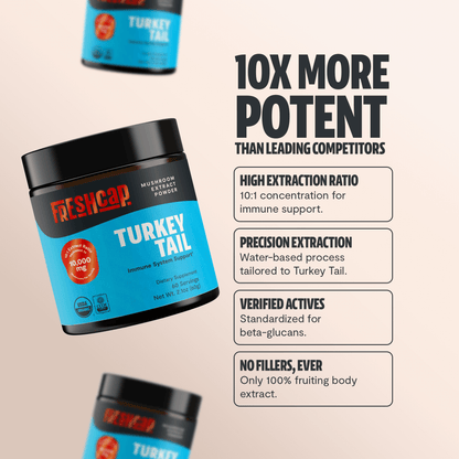 Premium Turkey Tail mushroom powder for immune and digestive support. Hot water extracted for maximum potency, delivering 10,000mg raw mushroom power in versatile powder form.