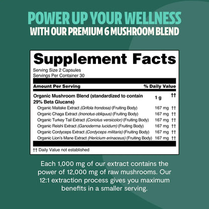 Premium blend of six powerful mushrooms for complete wellness. Quadruple-extracted mushroom supplement for maximum potency, delivering 12,000mg power for immunity, focus, and vitality.