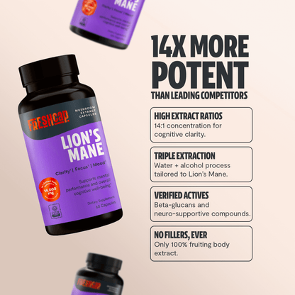 Premium Lion's Mane mushroom supplement for mental clarity and cognitive function. Triple-extracted for maximum potency, delivering 14,000mg raw mushroom power in convenient capsules.