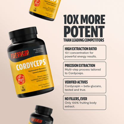 Premium Cordyceps mushroom capsules for natural energy and stamina. Water-extracted for maximum potency, delivering 10,000mg raw mushroom power to fuel your active lifestyle.