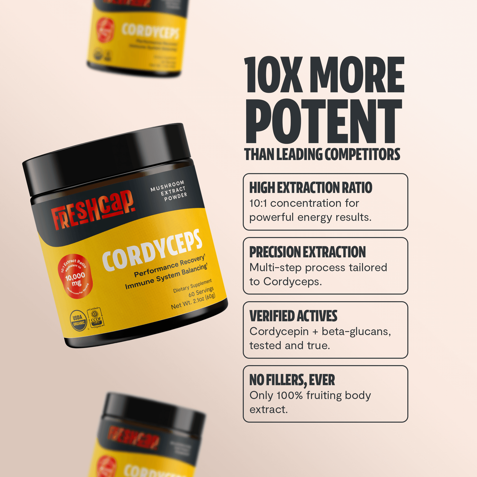 Premium Cordyceps mushroom powder for natural energy and athletic performance. Water-extracted for maximum potency, delivering 10,000mg raw mushroom power in versatile powder form.