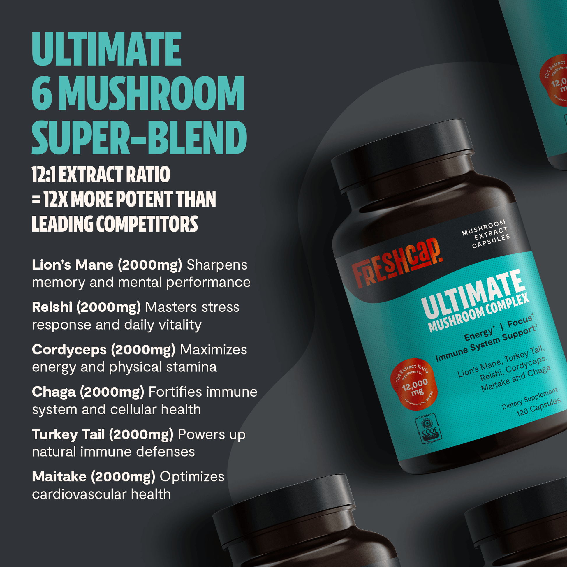 Premium blend of six powerful mushrooms for complete wellness. Quadruple-extracted mushroom supplement for maximum potency, delivering 12,000mg power for immunity, focus, and vitality.