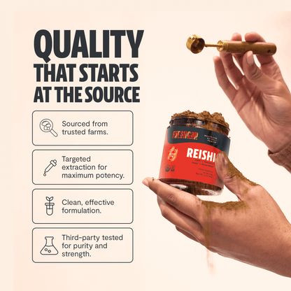 Premium Reishi mushroom powder for relaxation and balanced wellness. Dual-extracted for maximum potency, delivering 14,000mg raw mushroom power in versatile powder form.