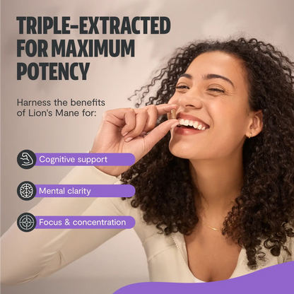 Premium Lion's Mane mushroom supplement for mental clarity and cognitive function. Triple-extracted for maximum potency, delivering 14,000mg raw mushroom power in convenient capsules.