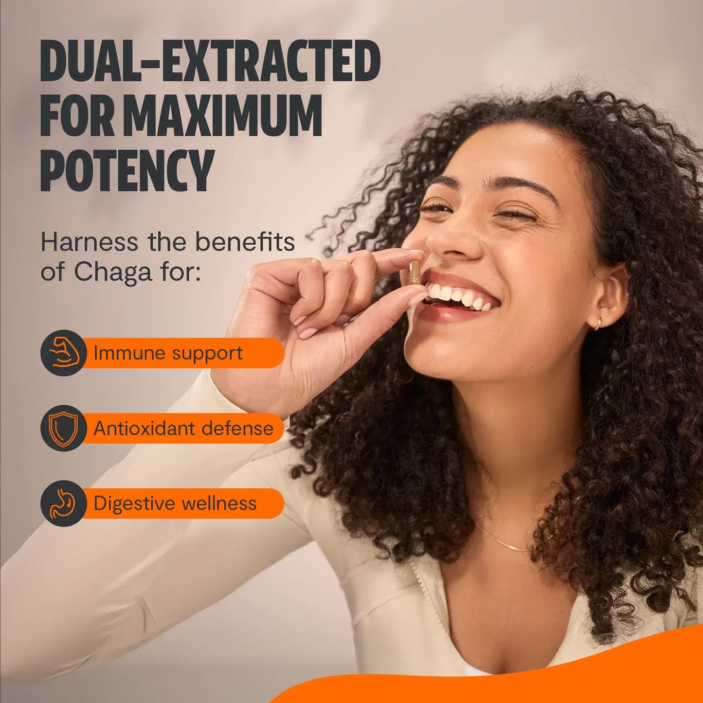 Premium Chaga mushrooms capsules for immune and antioxidant support. Dual-extracted for maximum potency, delivering 14,000mg raw mushroom power for comprehensive wellness.