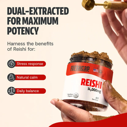 Premium Reishi mushroom powder for relaxation and balanced wellness. Dual-extracted for maximum potency, delivering 14,000mg raw mushroom power in versatile powder form.