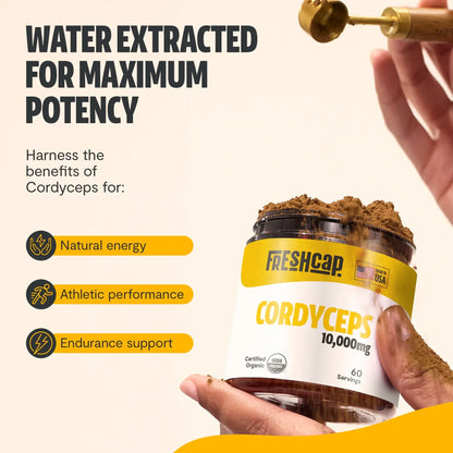 Premium Cordyceps mushroom powder for natural energy and athletic performance. Water-extracted for maximum potency, delivering 10,000mg raw mushroom power in versatile powder form.