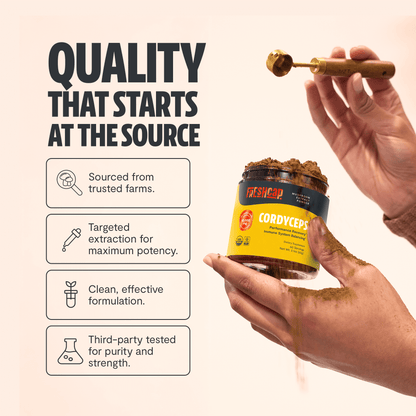 Premium Cordyceps mushroom powder for natural energy and athletic performance. Water-extracted for maximum potency, delivering 10,000mg raw mushroom power in versatile powder form.
