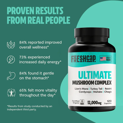 Premium blend of six powerful mushrooms for complete wellness. Quadruple-extracted mushroom supplement for maximum potency, delivering 12,000mg power for immunity, focus, and vitality.
