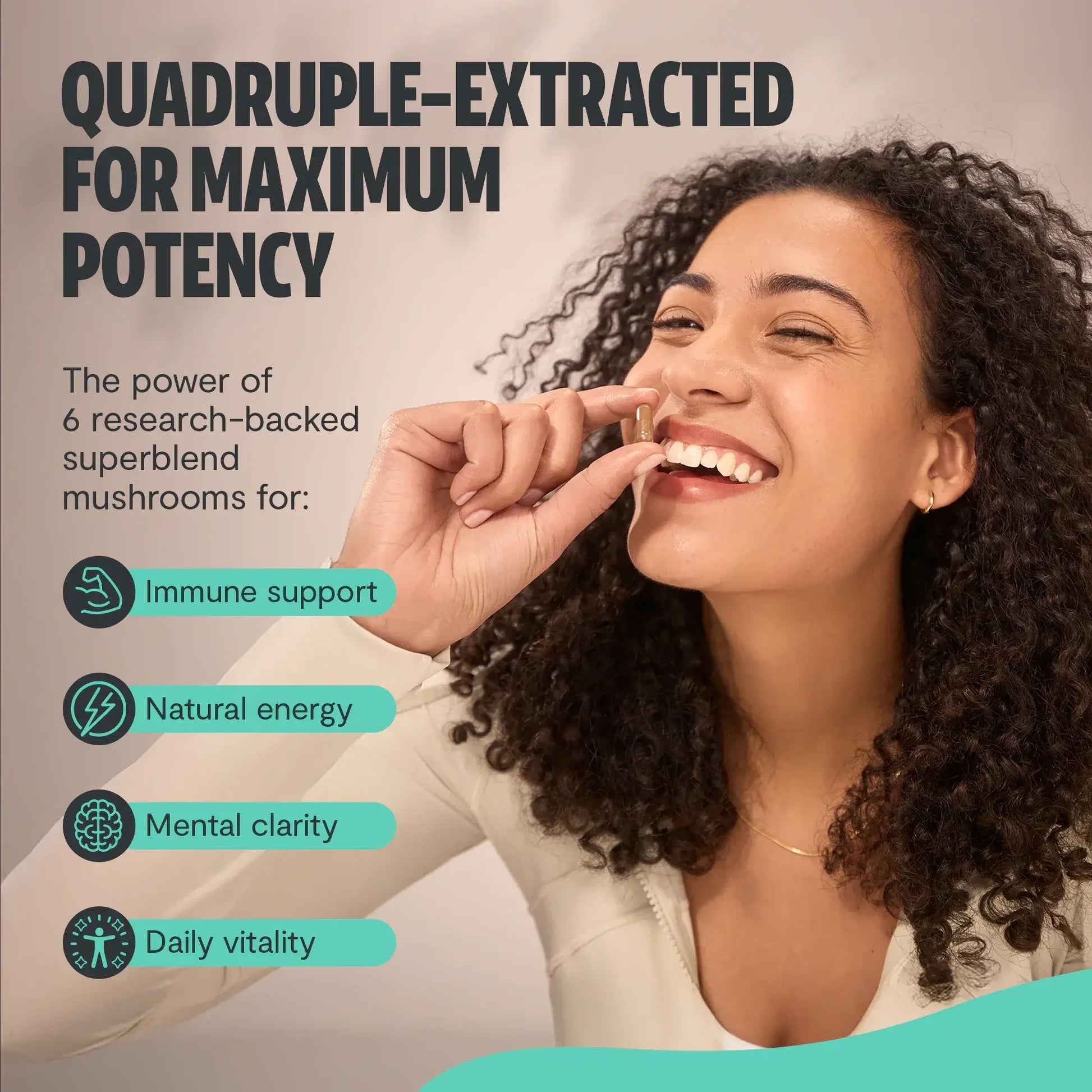 Premium blend of six powerful mushrooms for complete wellness. Quadruple-extracted mushroom supplement for maximum potency, delivering 12,000mg power for immunity, focus, and vitality.