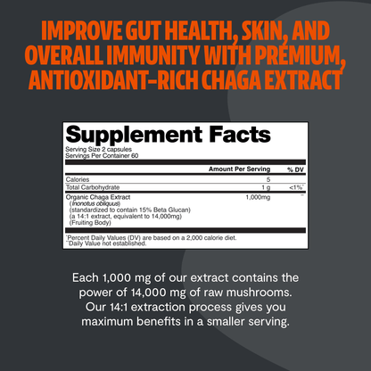 Premium Chaga mushrooms capsules for immune and antioxidant support. Dual-extracted for maximum potency, delivering 14,000mg raw mushroom power for comprehensive wellness.