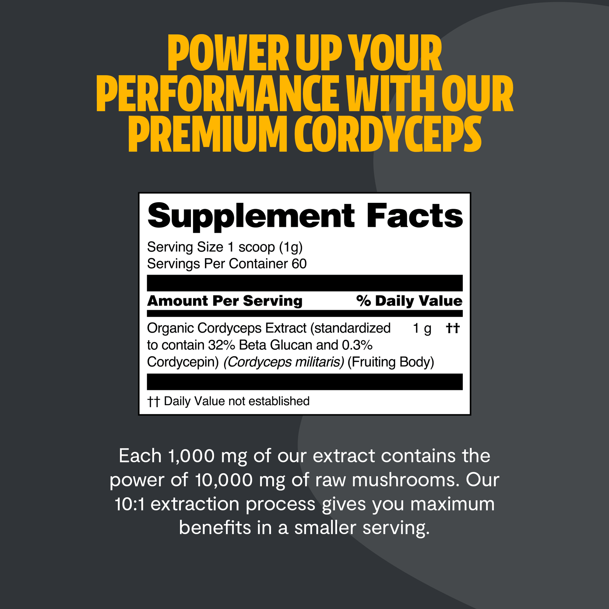 Premium Cordyceps mushroom powder for natural energy and athletic performance. Water-extracted for maximum potency, delivering 10,000mg raw mushroom power in versatile powder form.