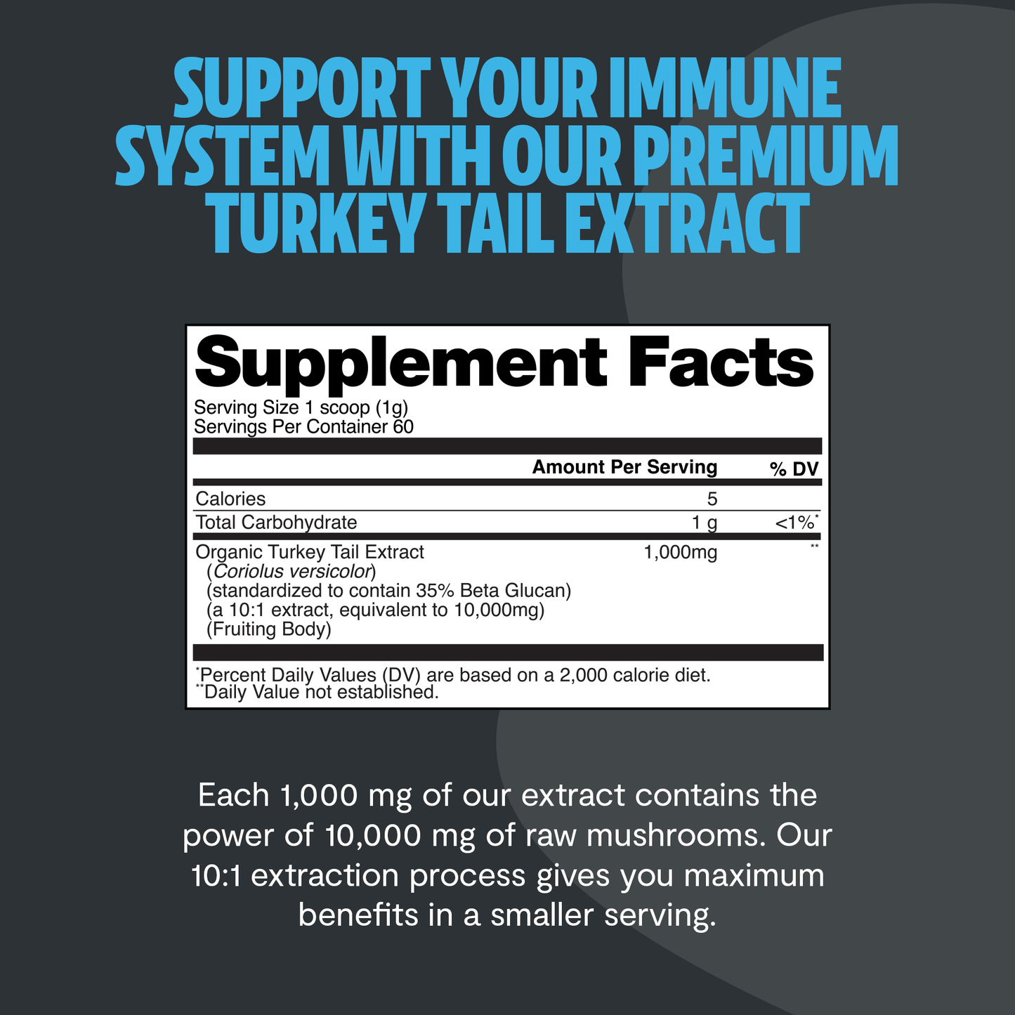 Premium Turkey Tail mushroom powder for immune and digestive support. Hot water extracted for maximum potency, delivering 10,000mg raw mushroom power in versatile powder form.