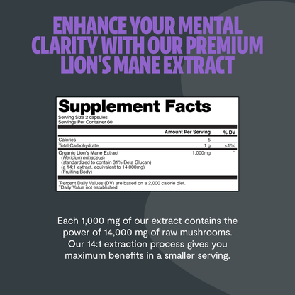 Premium Lion's Mane mushroom supplement for mental clarity and cognitive function. Triple-extracted for maximum potency, delivering 14,000mg raw mushroom power in convenient capsules.