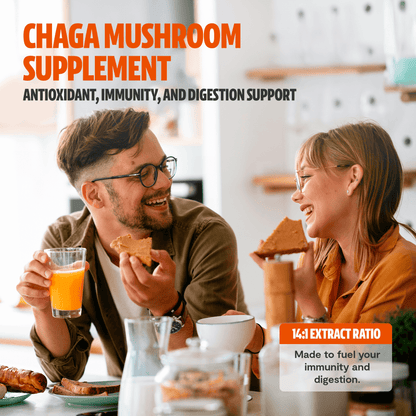 Premium Chaga mushrooms capsules for immune and antioxidant support. Dual-extracted for maximum potency, delivering 14,000mg raw mushroom power for comprehensive wellness.